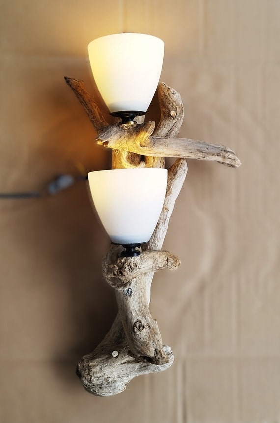 Wall Sconce Driftwood Base: Double Light Wall Lamp Fixture