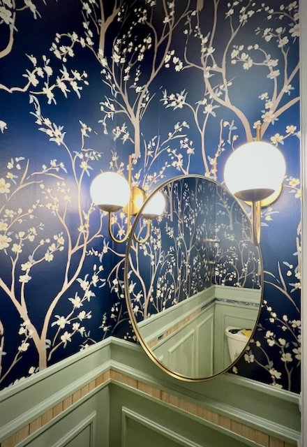 Wall Sconce: Sage Paneling Navy Floral Powder Room