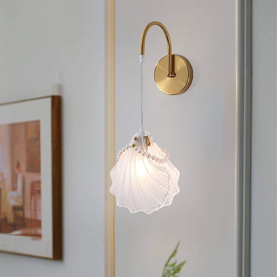 Wall Sconce Shell Shaped Shade: Pearl Accented Coastal Light