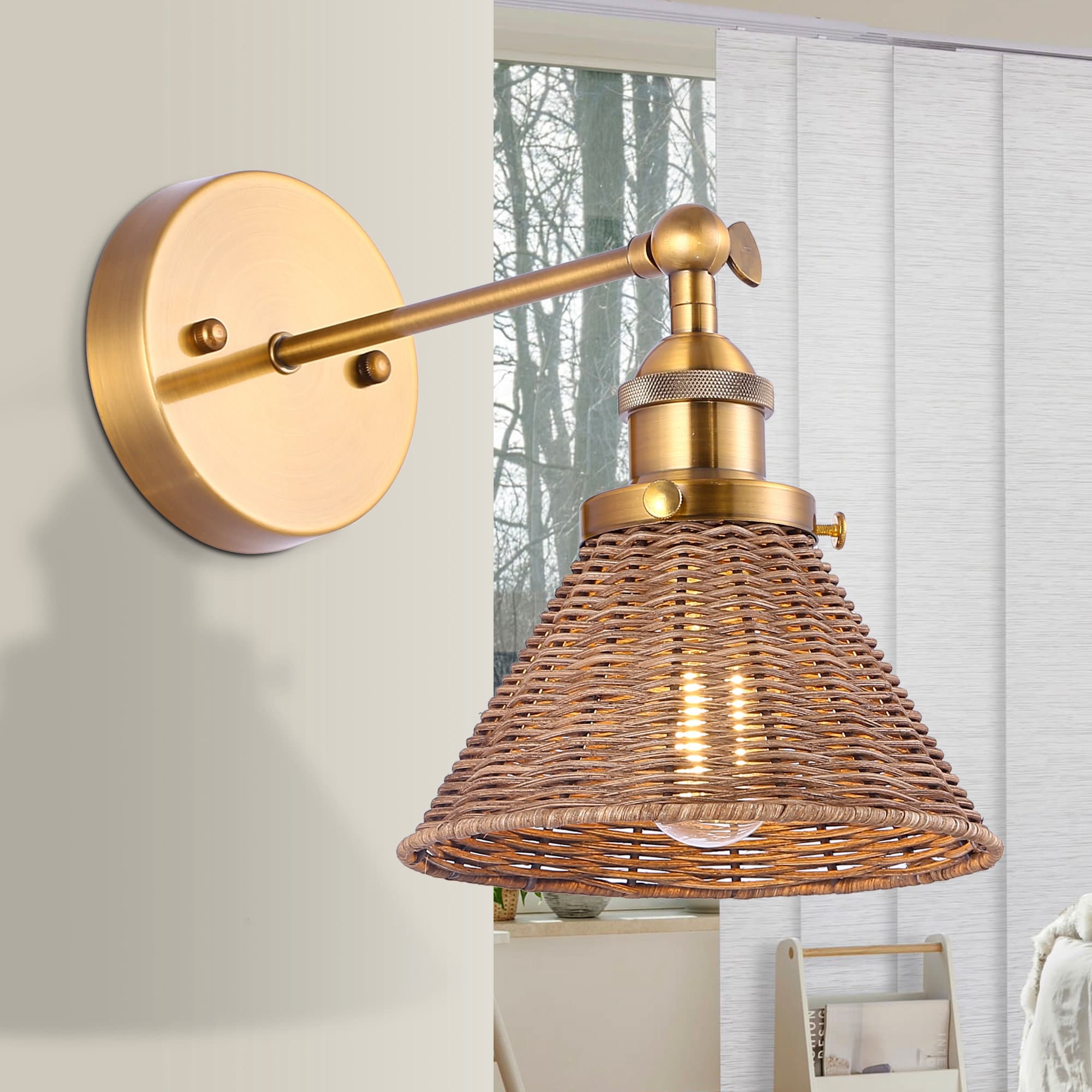 Wall Sconce Woven Conical Shade: Boho Bedside Lighting Lamp