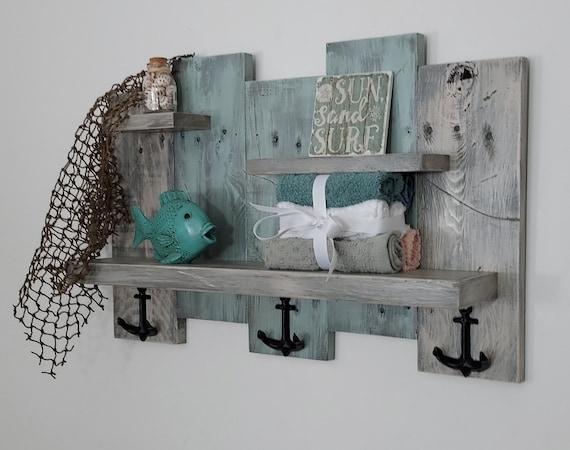 Wall Shelf: Staggered Planks Teal Beach House Shelving