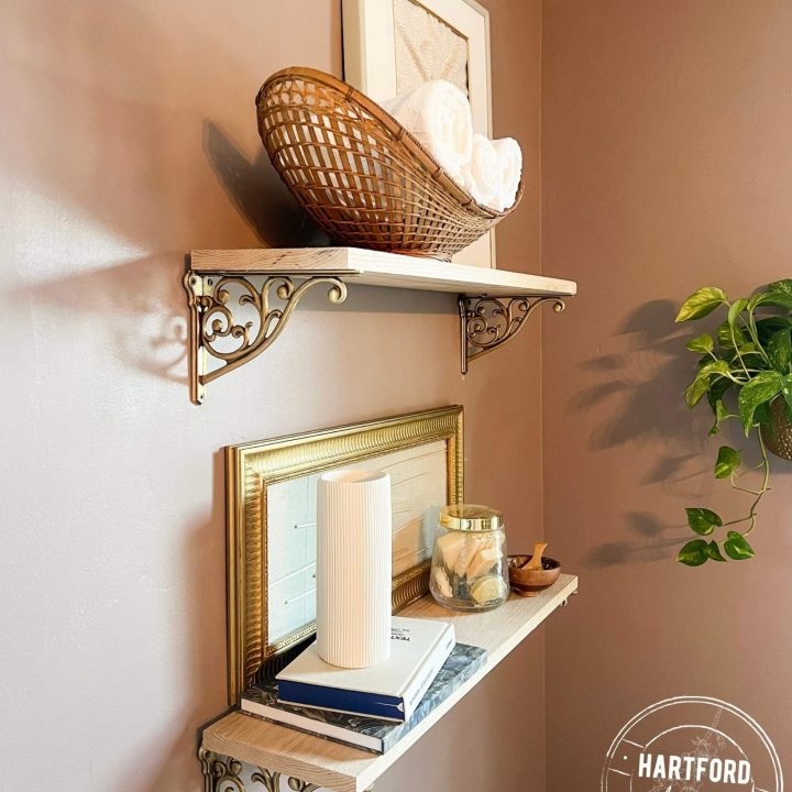 Wall Shelves with Ornate Gold Brackets and Scrollwork Detail