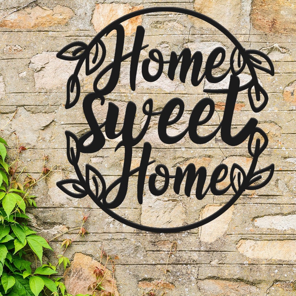 Wall Sign: Black Oval Metal Sign with Leafy Accents Art