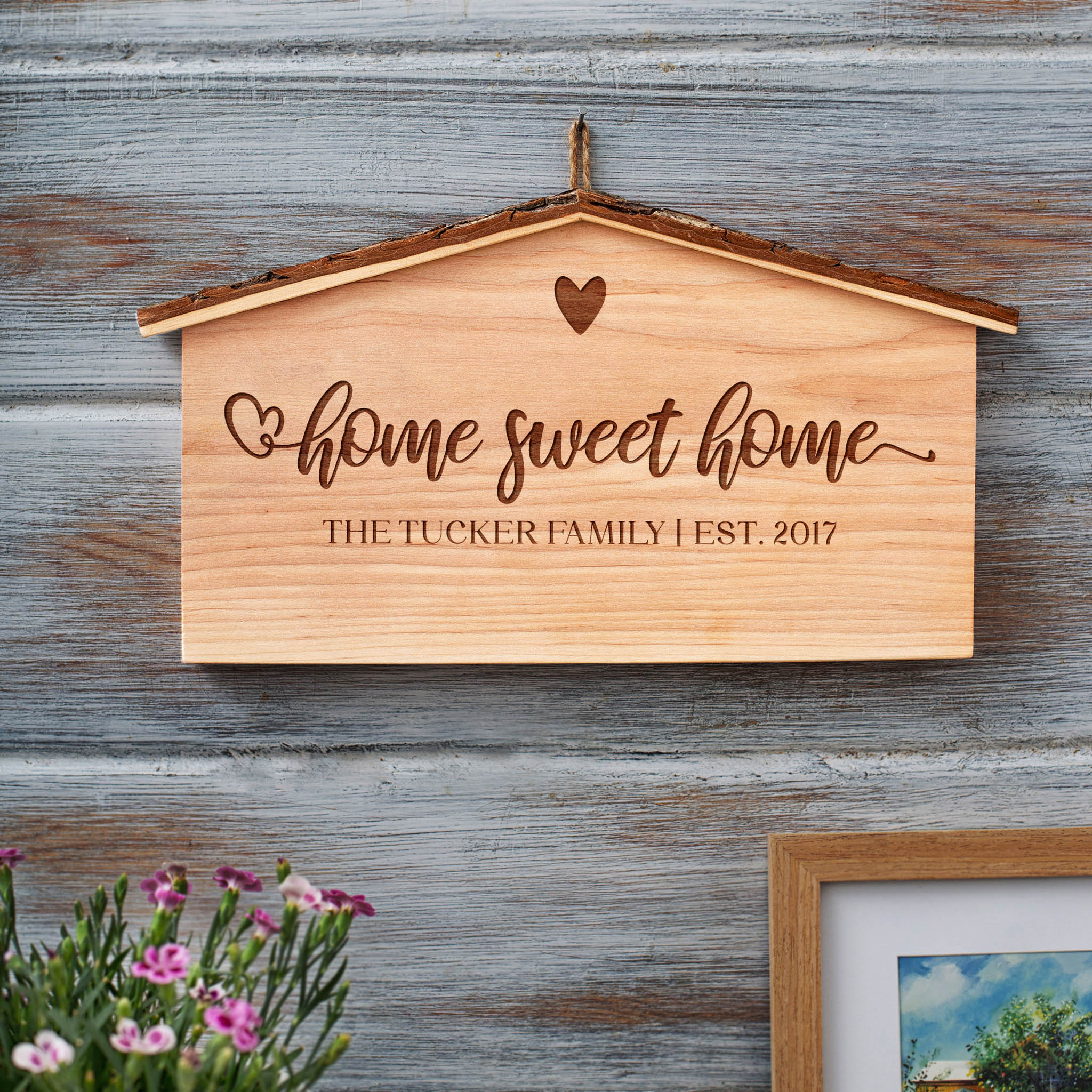 Wall Sign: House Shaped Wood Sign Natural Bark Edge