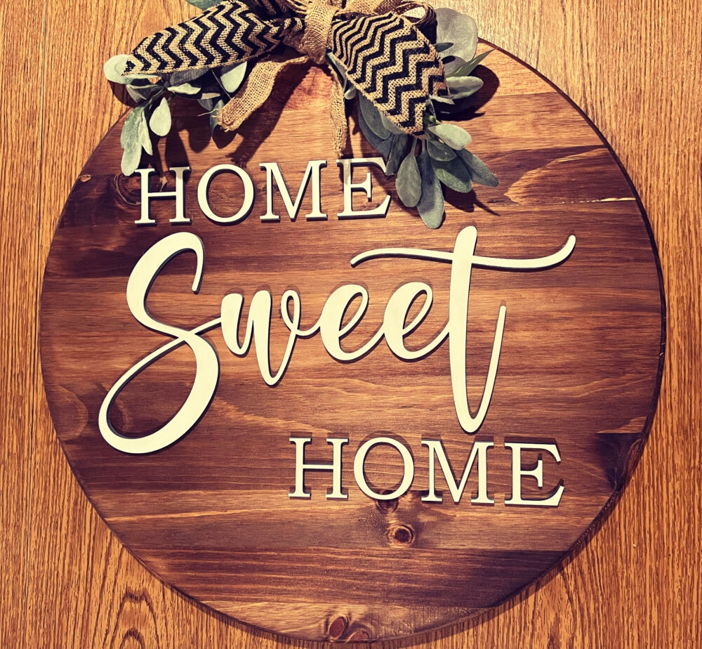 Wall Sign: Round Wooden Door Hanger with Chevron Ribbon