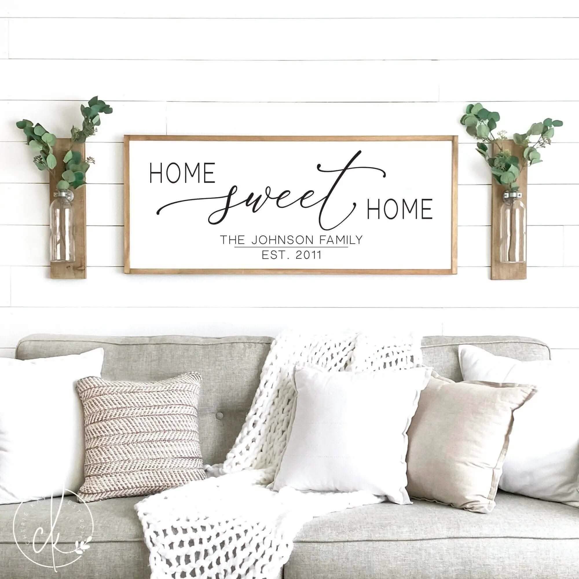 Wall Sign: Shiplap Living Room Sign Flanking Sconces