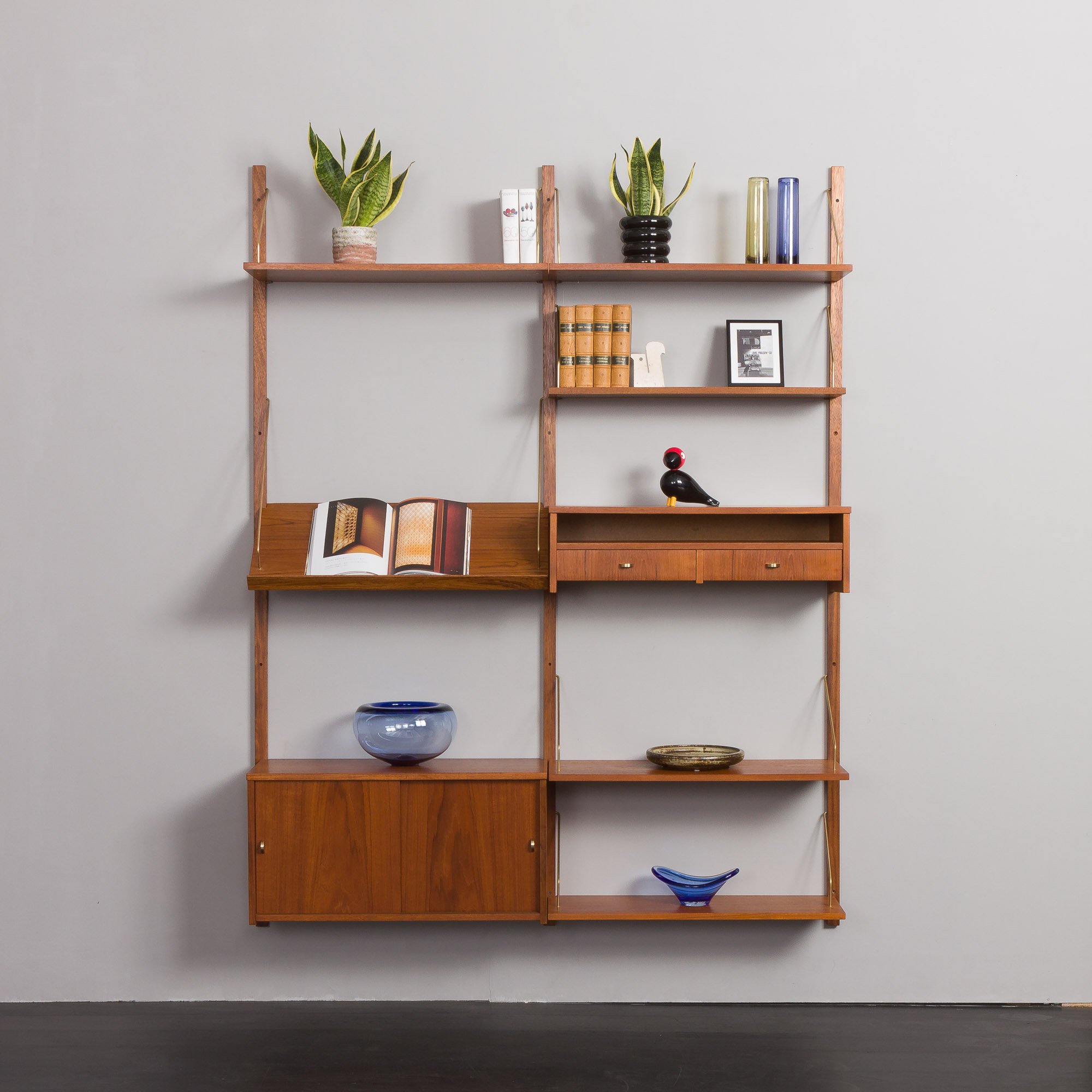 Wall Unit: Brass Supports and Vintage Cadovius Style Shelves
