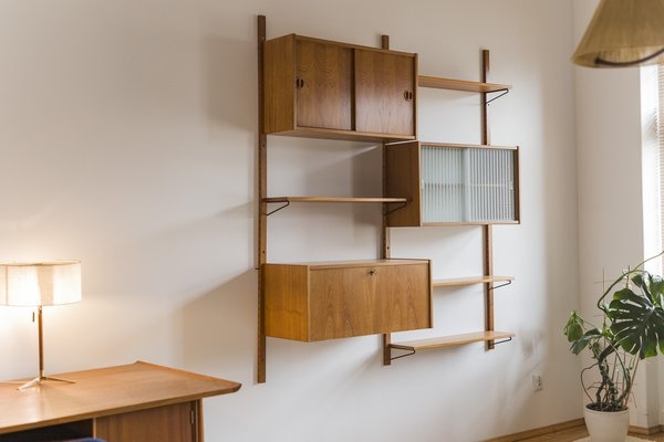 Wall Unit: Ribbed Glass Cabinet Wall Unit in Teak Grain