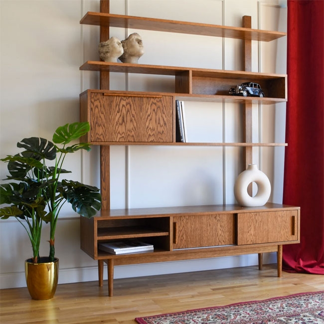 Wall Unit: Vertical Support Rails and Oak Toned Shelving