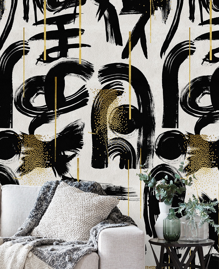 Wallpaper: Abstract Gold Leaf Details Monochrome Art Wall