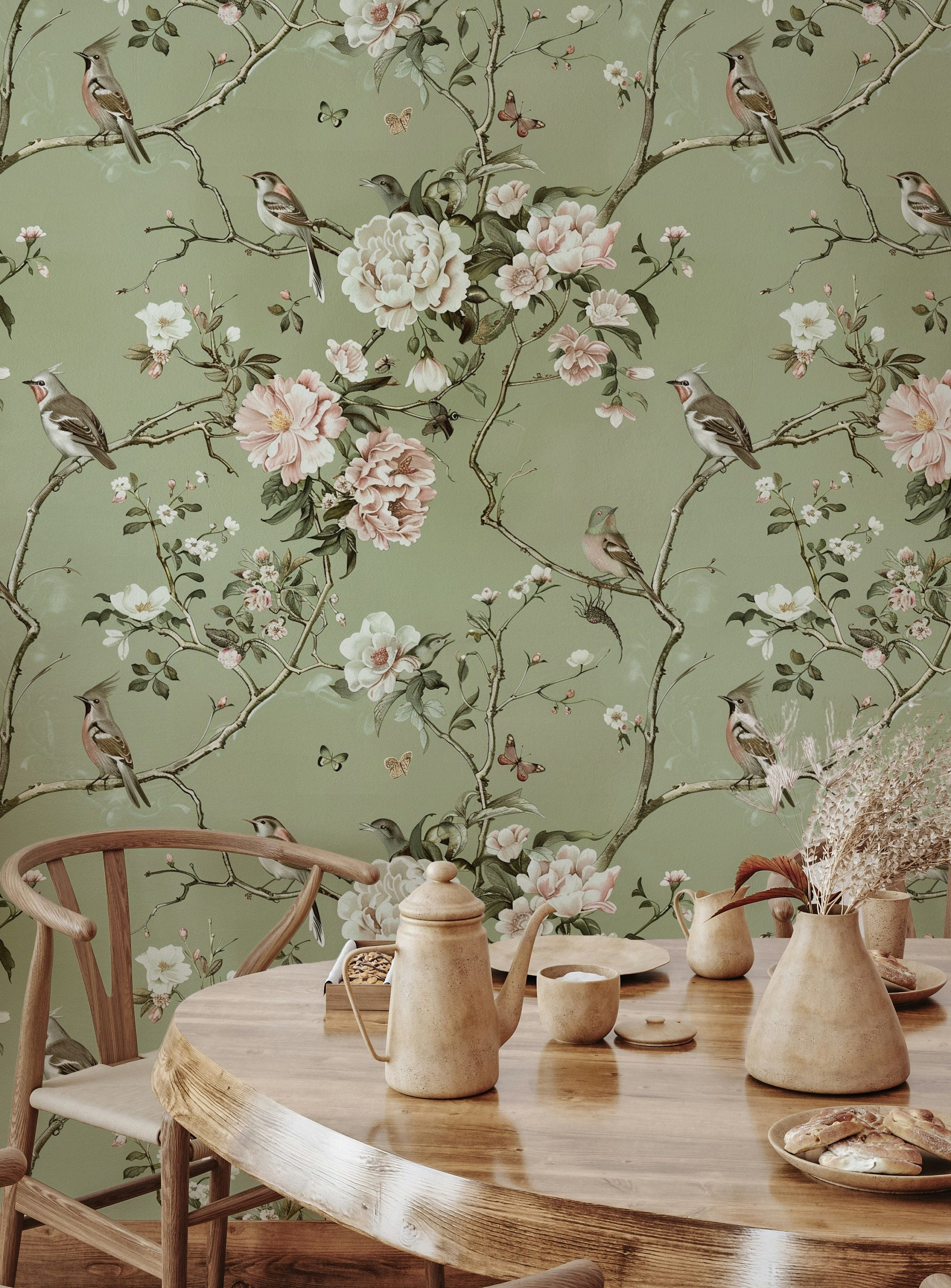 Wallpaper: Bird Motif and Floral Pattern Sage Green Mural