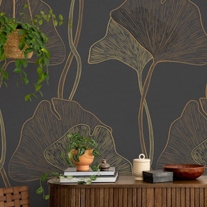Wallpaper: Charcoal Gold Botanical Lines Ginkgo Mural