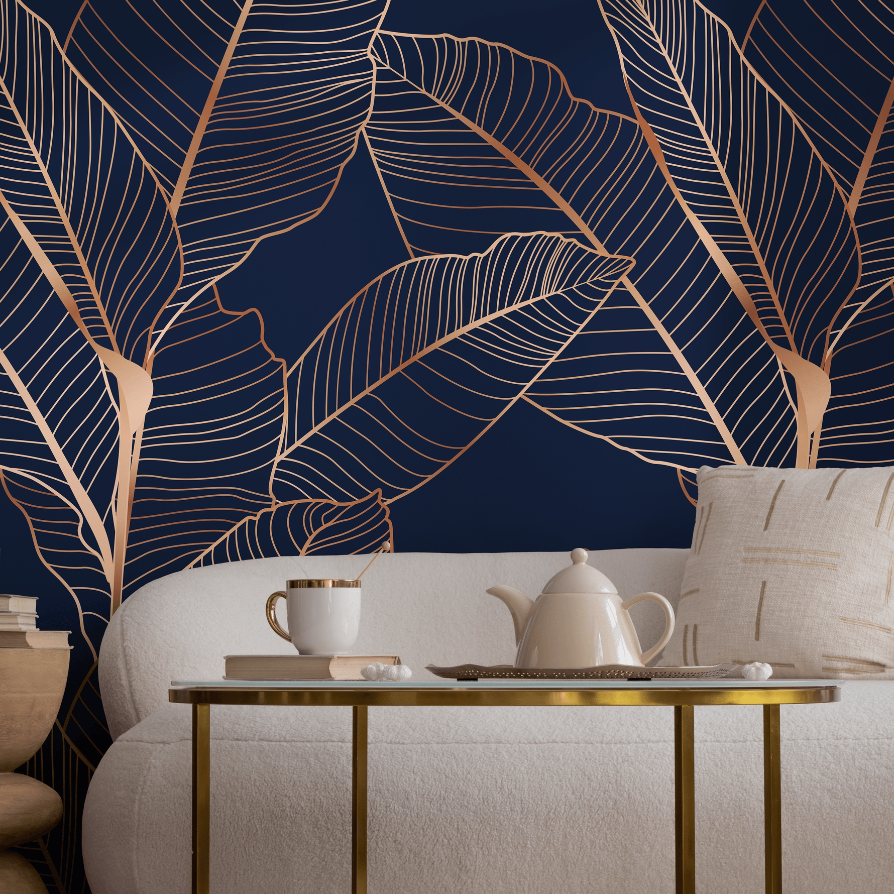 Wallpaper Copper Leaf Motif Botanical Line Art Wall