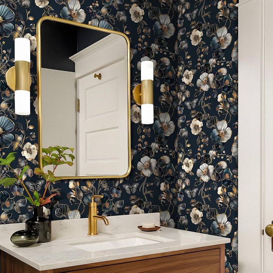 Wallpaper Dainty Floral Pattern Butterfly Motif Blue