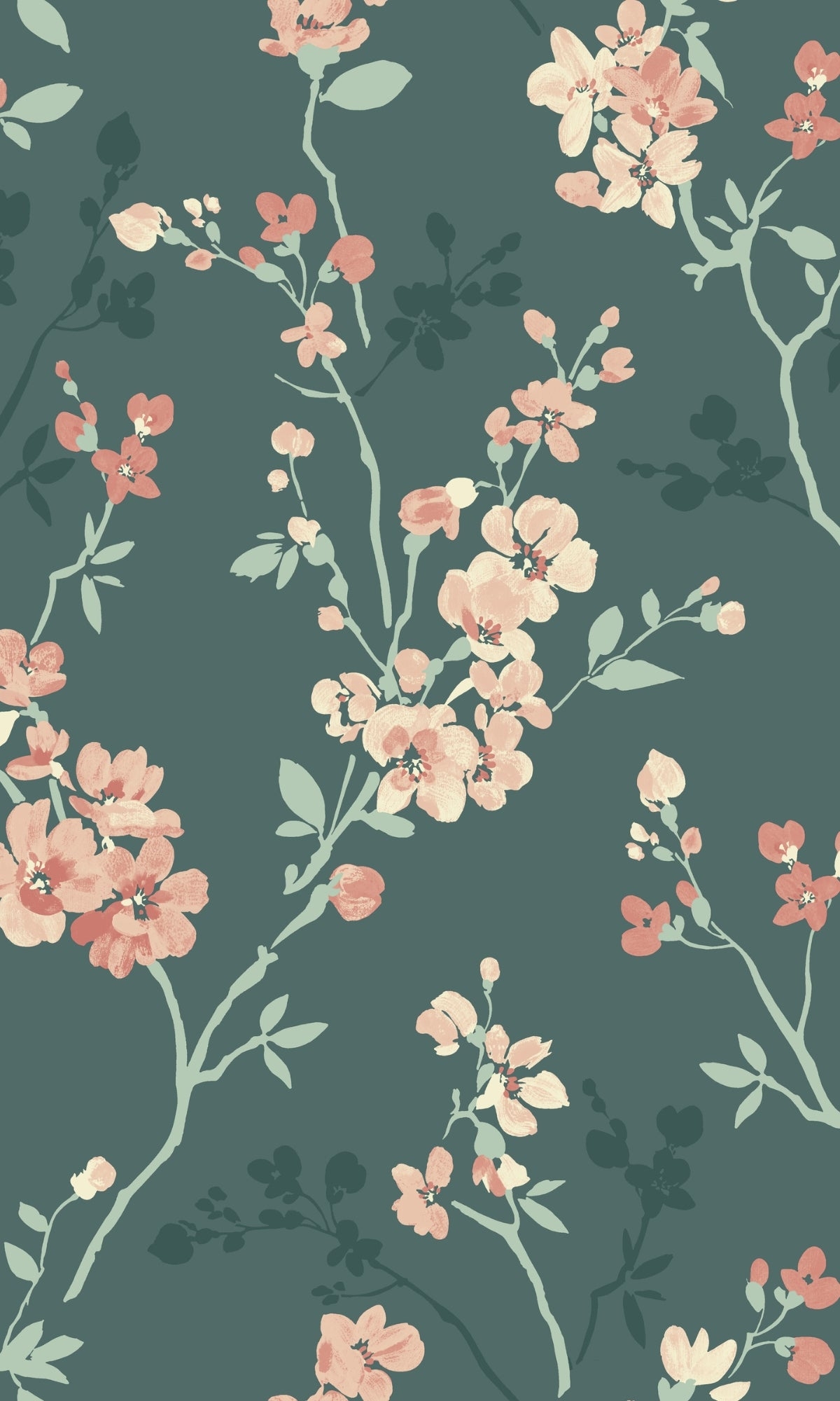 Wallpaper: Deep Teal Ground Peach Blossom Chinoiserie Print