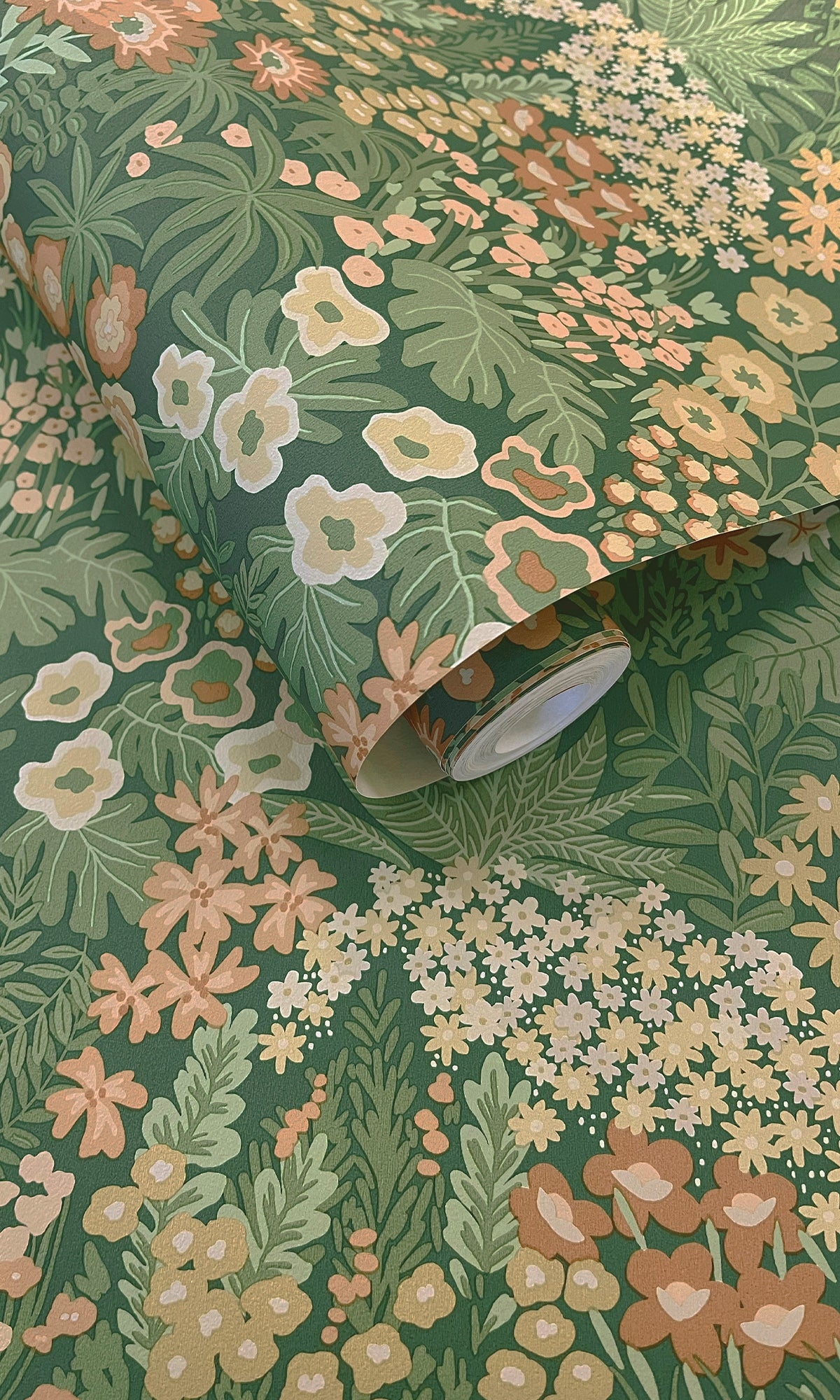 Wallpaper: Emerald Green Base Ditsy Floral Cottagecore Decor