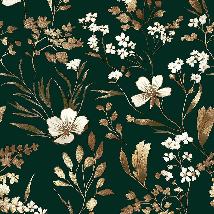 Wallpaper: Gold Leaf Detail Forest Green Vintage Floral Mural
