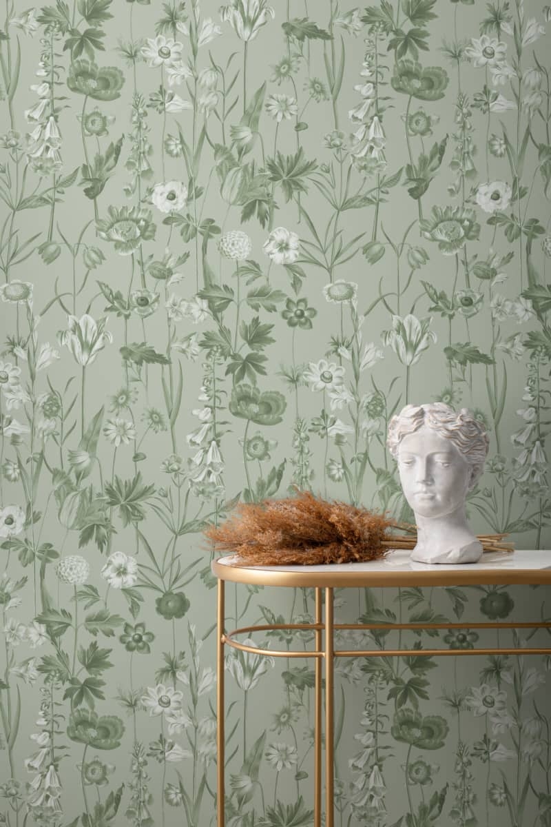 Wallpaper: Illustrated Wildflowers Soft Green Gold Console Art