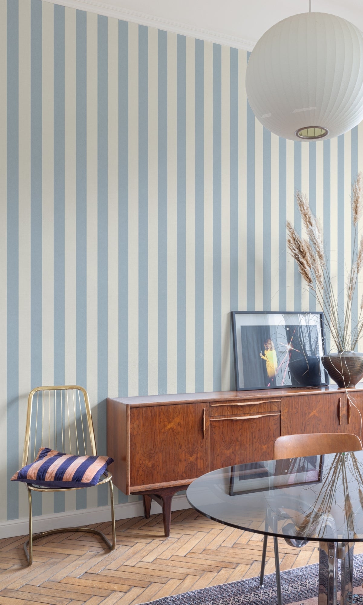 Wallpaper in Dusty Blue Vertical Stripe for Living Room