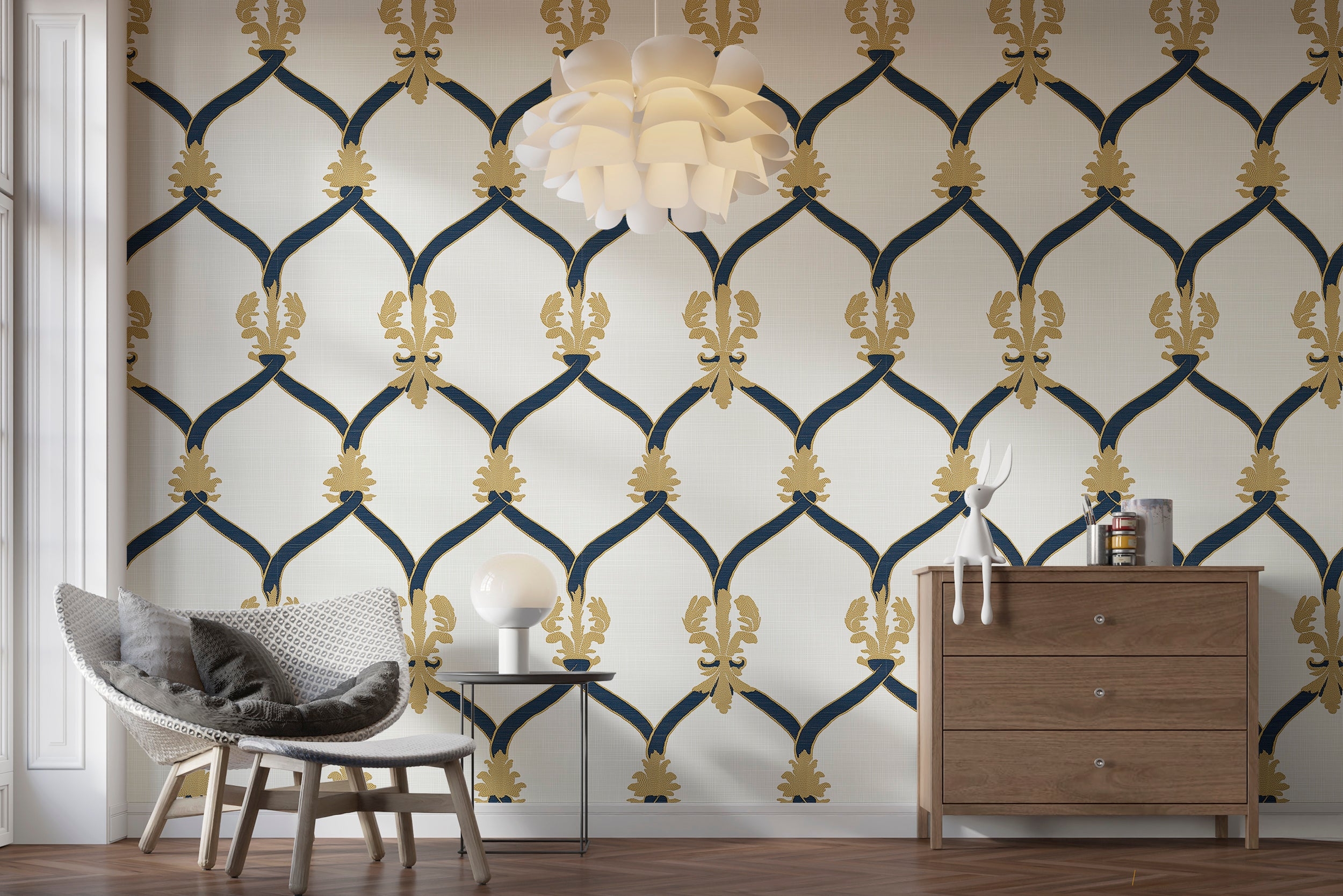 Wallpaper Linen Texture Damask Pattern Victorian Decor