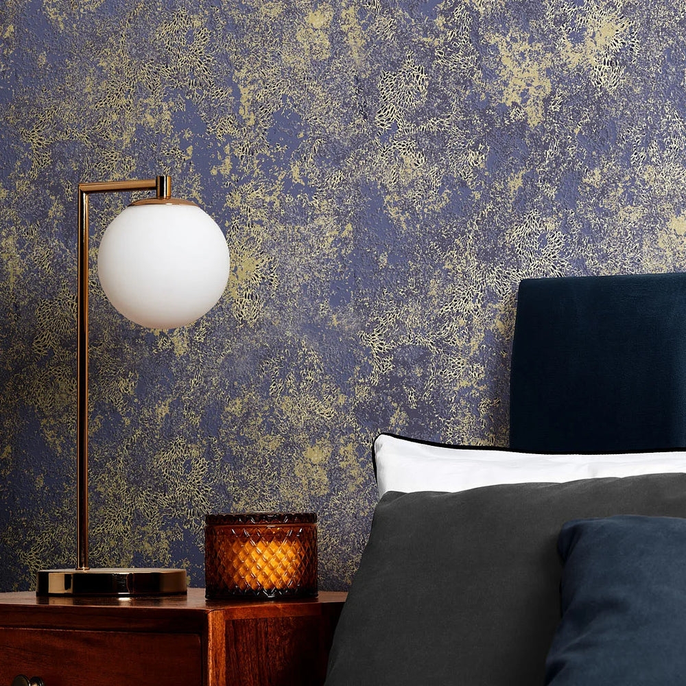 Wallpaper Mottled Navy Metallic Distressed Industrial