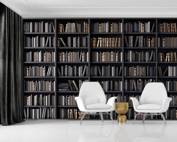 Wallpaper Mural: Gold Side Table Faux Bookcase Wall Mural