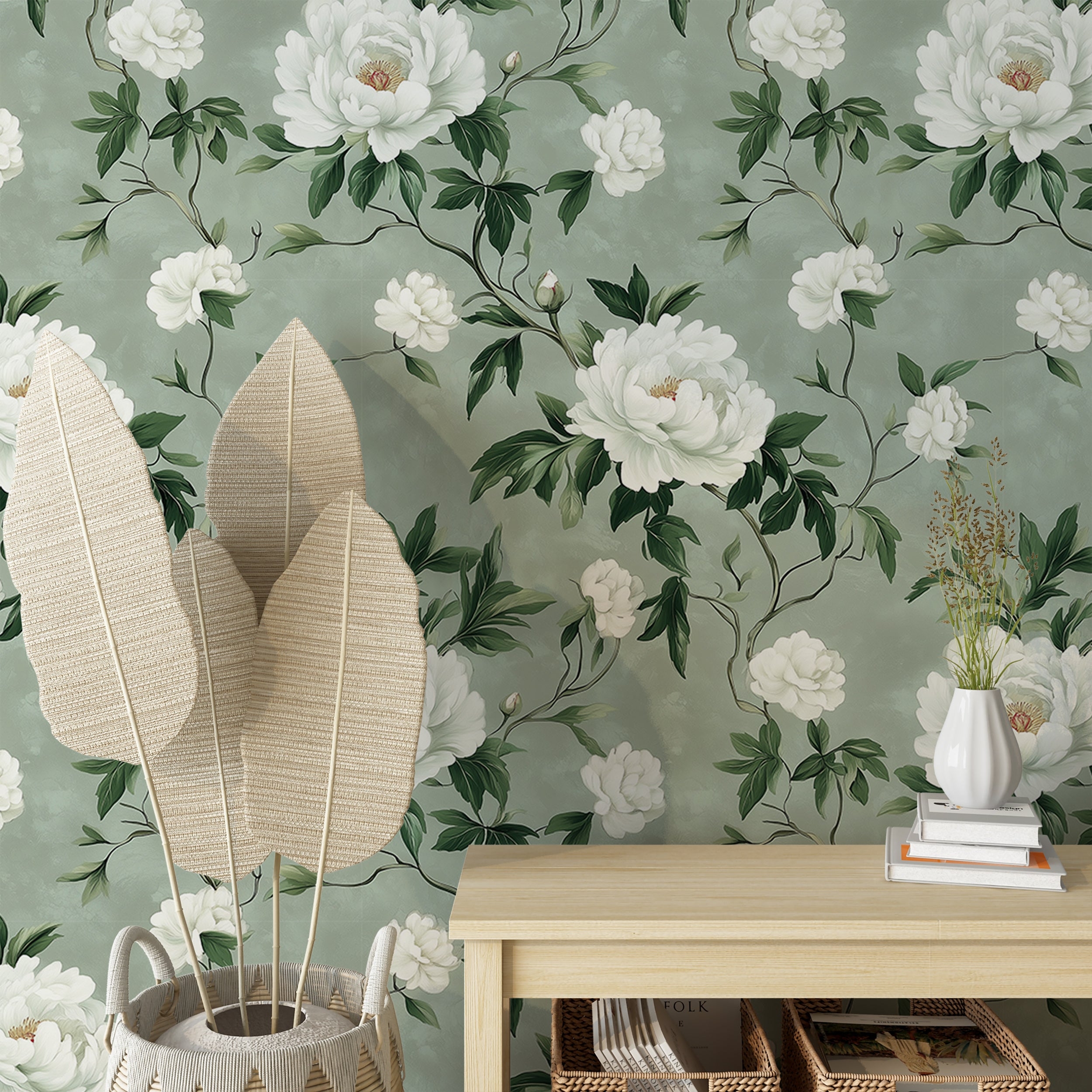 Wallpaper: Plaster Look Background Oversized White Floral