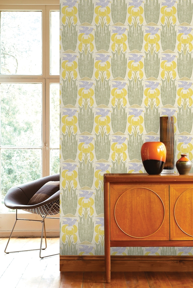 Wallpaper Repeating Swallow Motif Botanical Arts & Crafts bird wallpaper