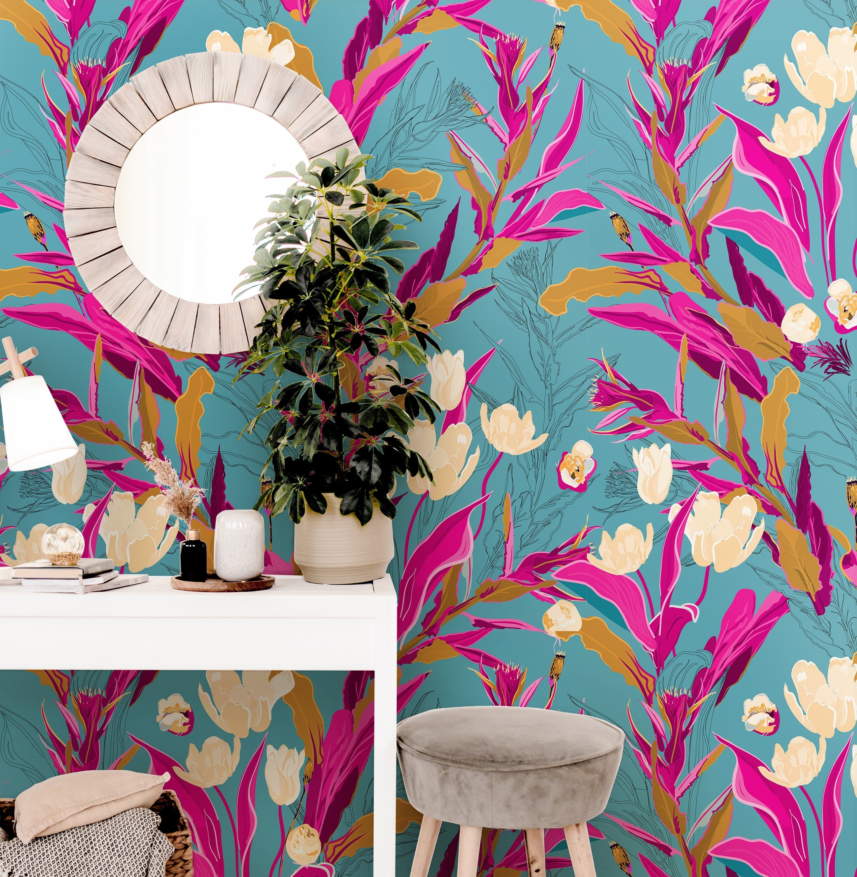 Wallpaper: Teal Fuchsia Pink Blooms Maximalist Wall Decor