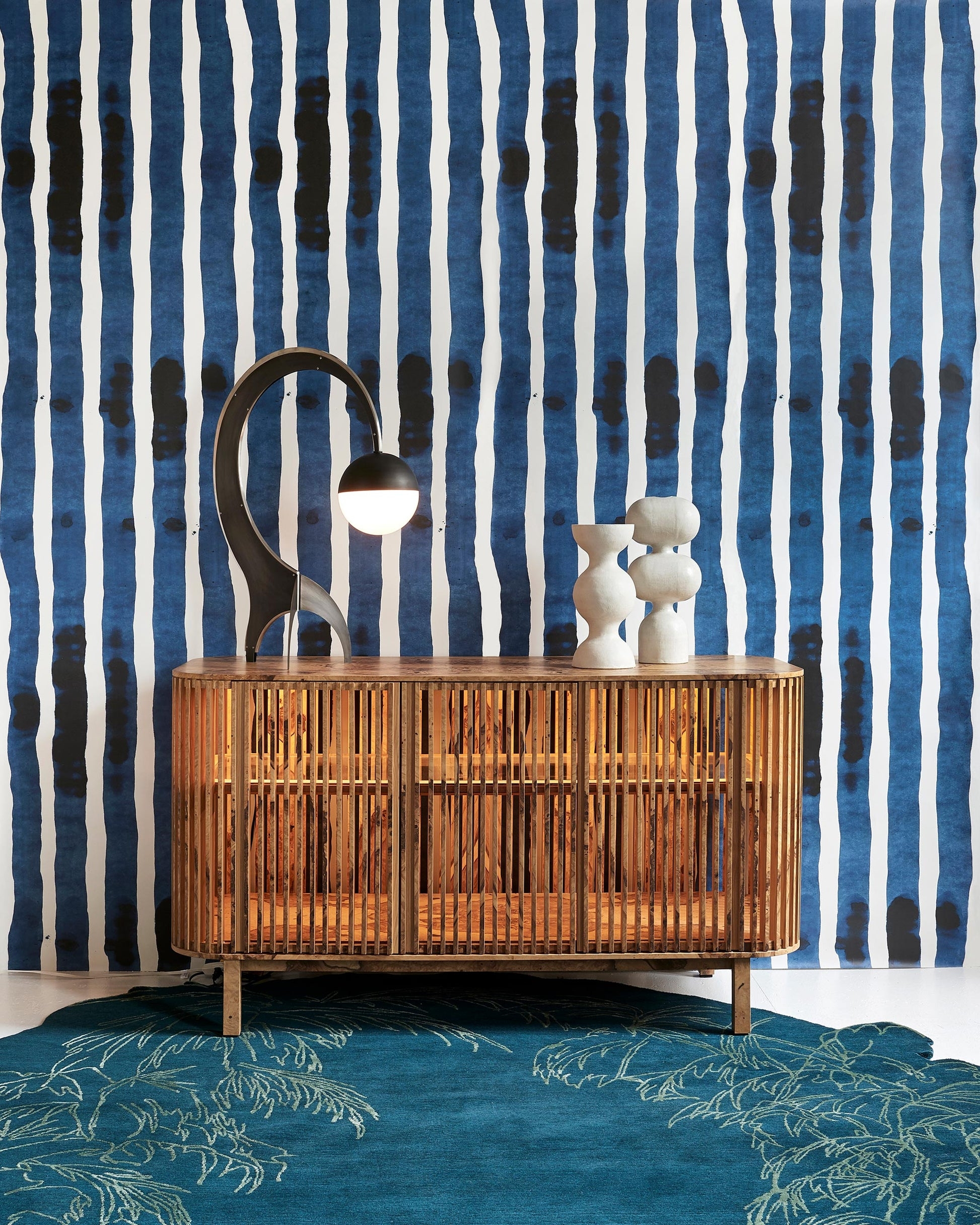 Wallpaper with Azure Blue Organic Watercolor Stripes