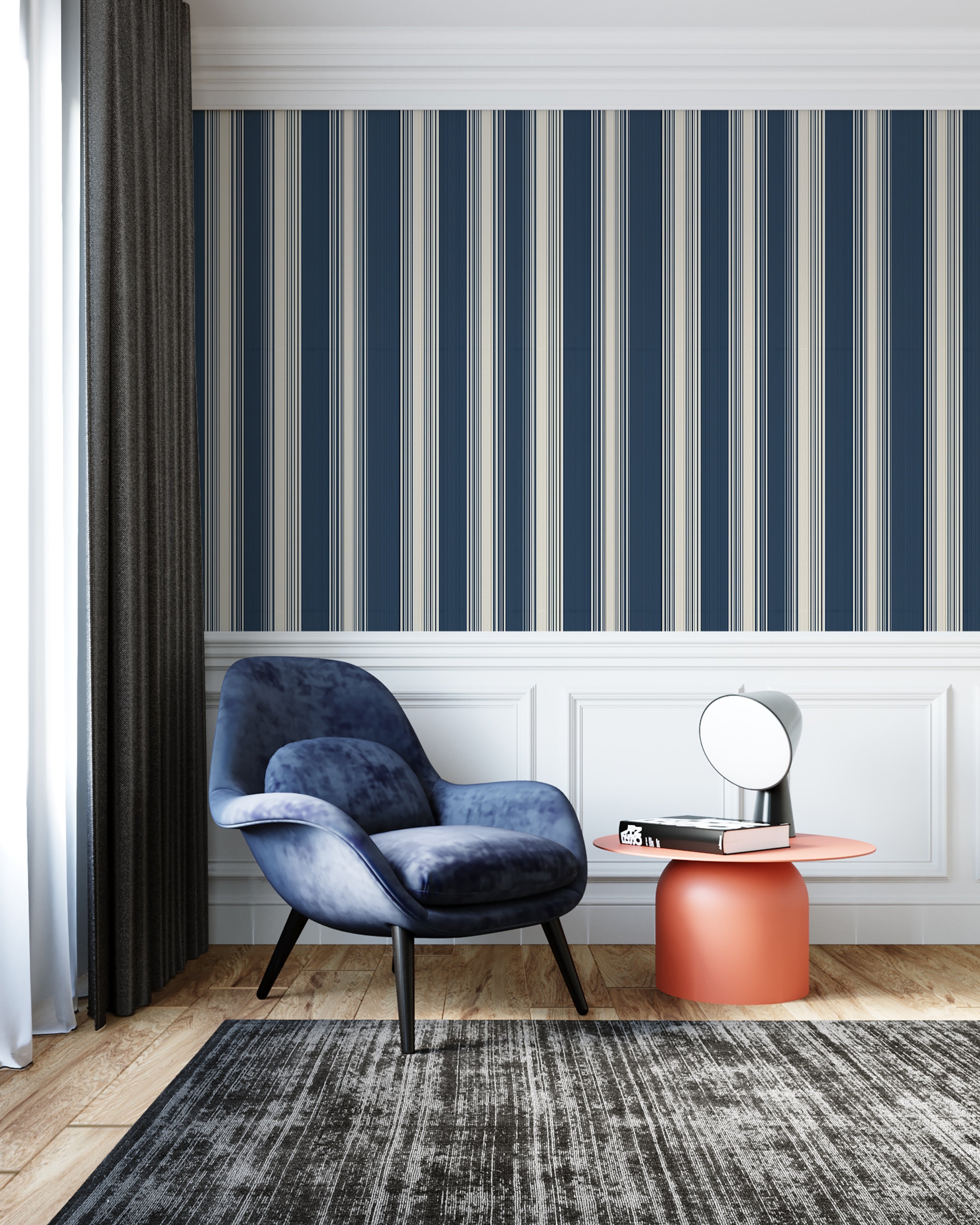 Wallpaper with Navy Stripes and Velvet Upholstery