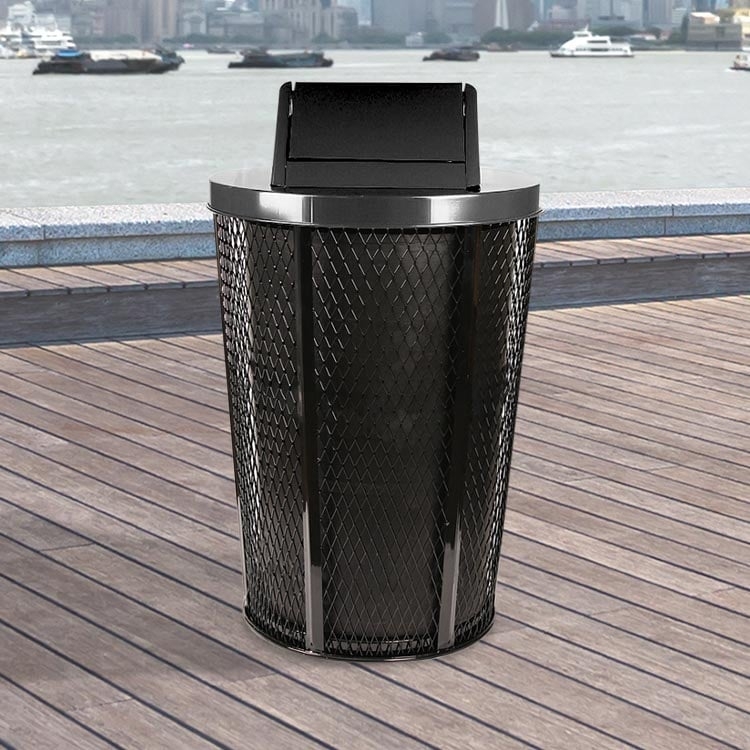 Waste Barrel Expanded Metal Mesh Swing Top Lid Black