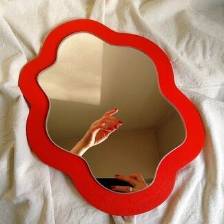 Wavy Mirror: Red Pond Shape Scalloped Edges Funky Decor