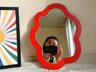 Wavy Wall Mirror: Small Scale Vibrant Red Scalloped Edge