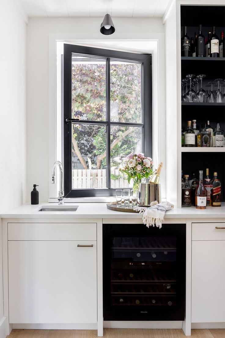 Wet Bar Cabinet with Wine Fridge and Black Window Frame