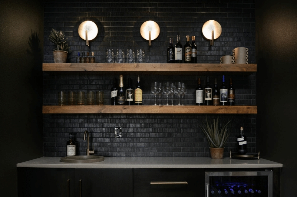 Wet Bar with Black Brick Tile and Thick Floating Shelves