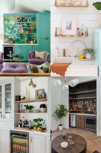 Wet Bar with Brass Shelf Rails and Artistic Backsplash