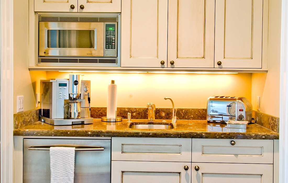 Wet Bar with Built-in Espresso Station and Distressed Glaze