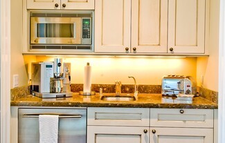 Wet Bar with Built-in Espresso Station and Distressed Glaze