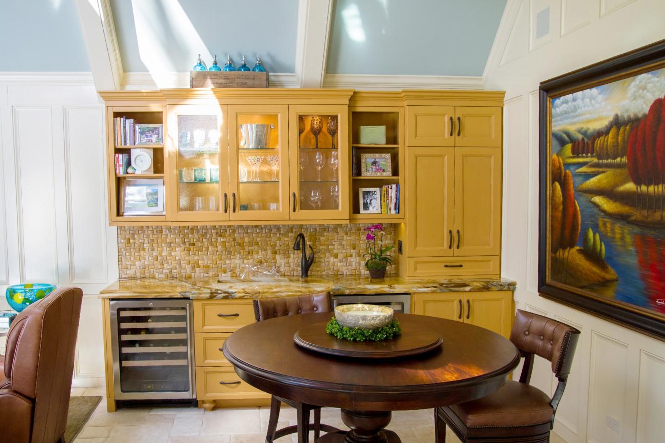 Wet Bar with Mosaic Backsplash: transitional wet bar design