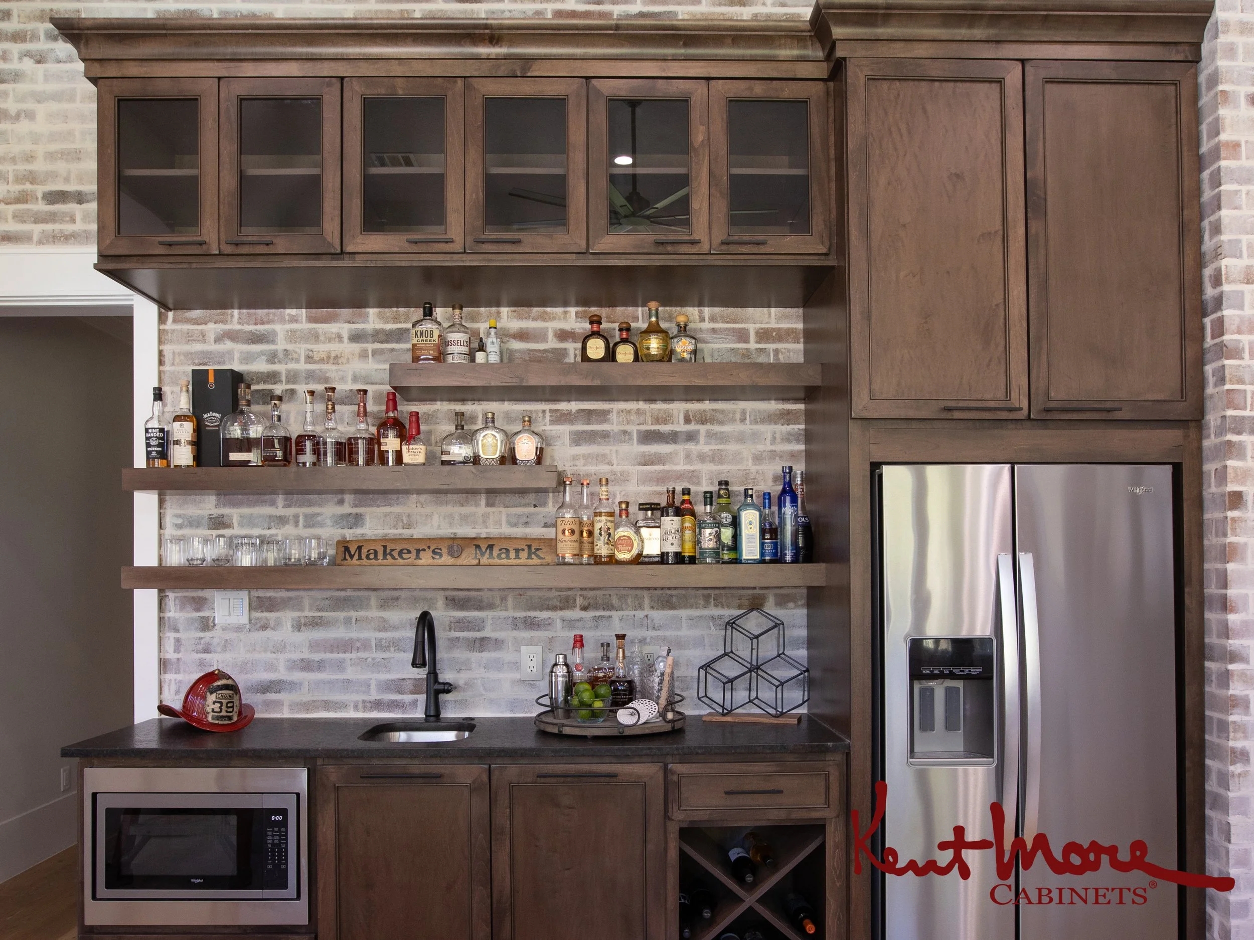 Wet Bar with Whitewashed Brick and X Design Wine Storage