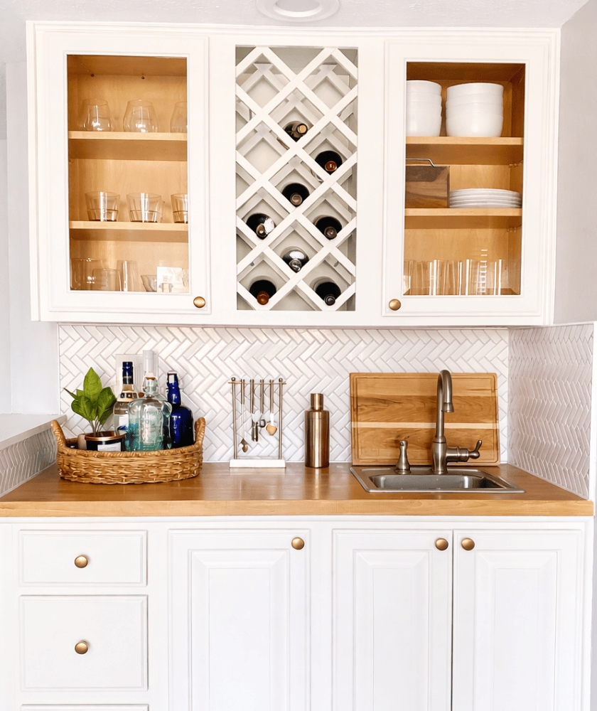 Wet Bar with X Wine Rack and White Herringbone Backsplash
