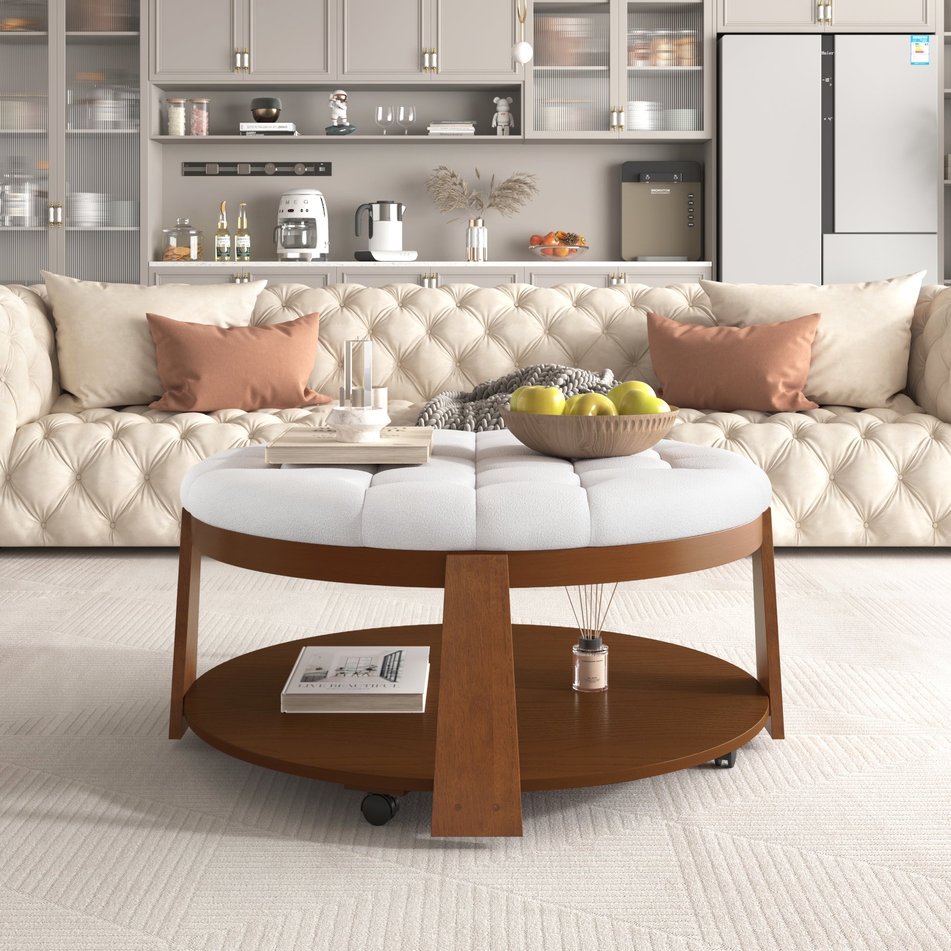 White Ottoman Coffee Table: Round with Rolling Casters