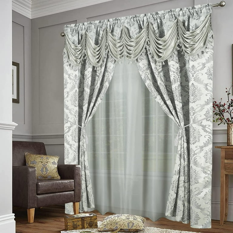 Window Curtain Set: Gray Waterfall Valance Jacquard