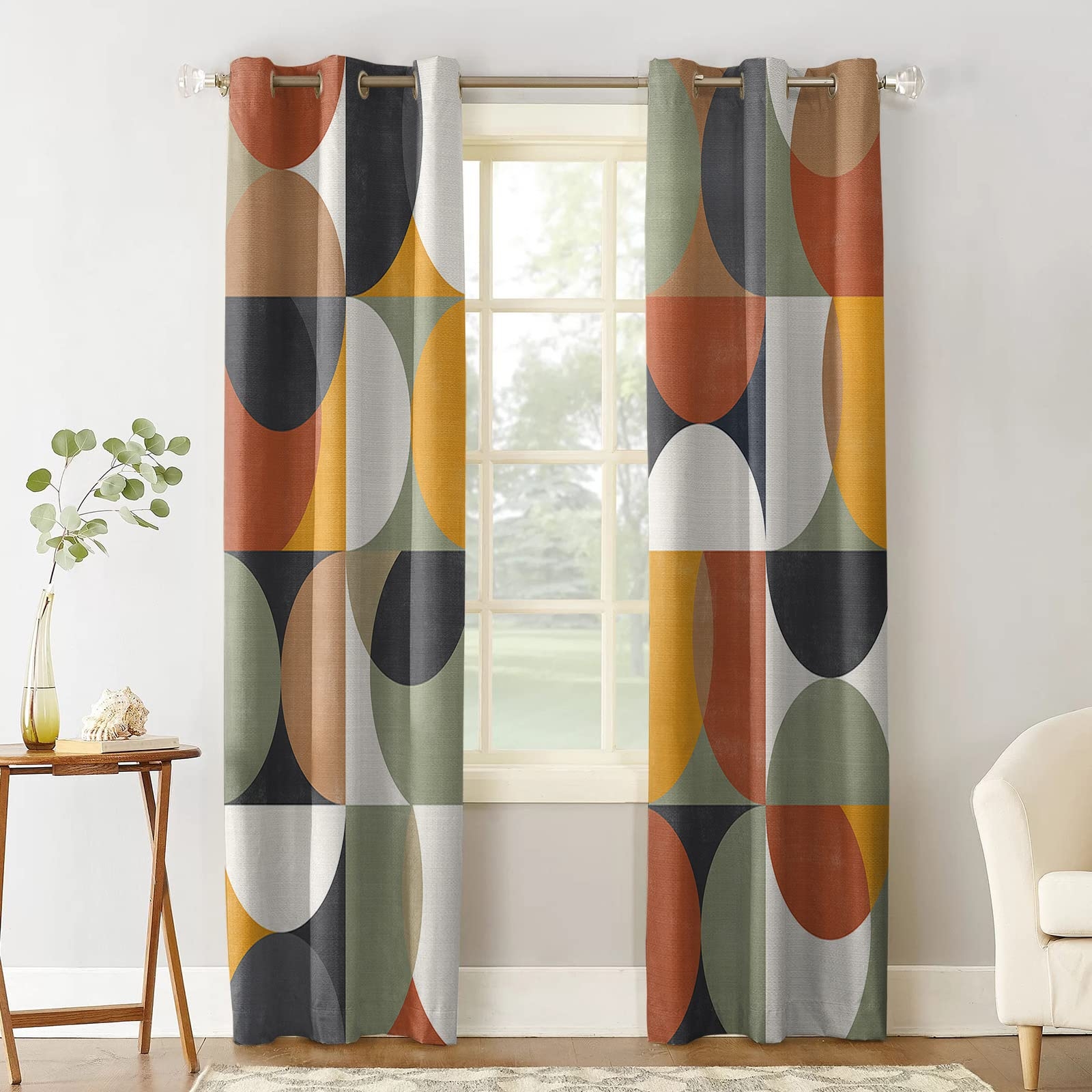Window Curtains: Abstract Circles Rust and Mustard Drapes