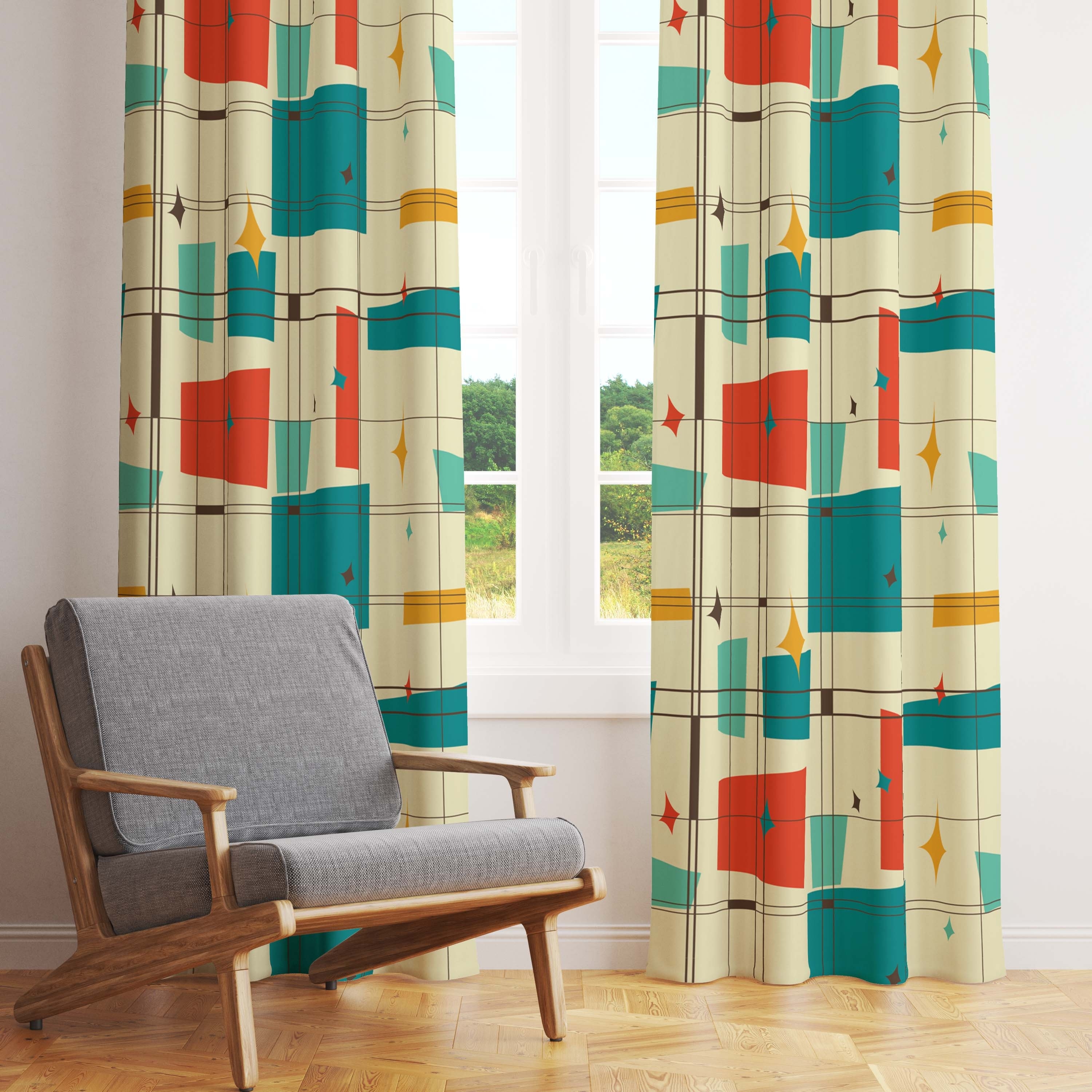 Window Curtains: Atomic Age Print Teal and Mustard Drapes