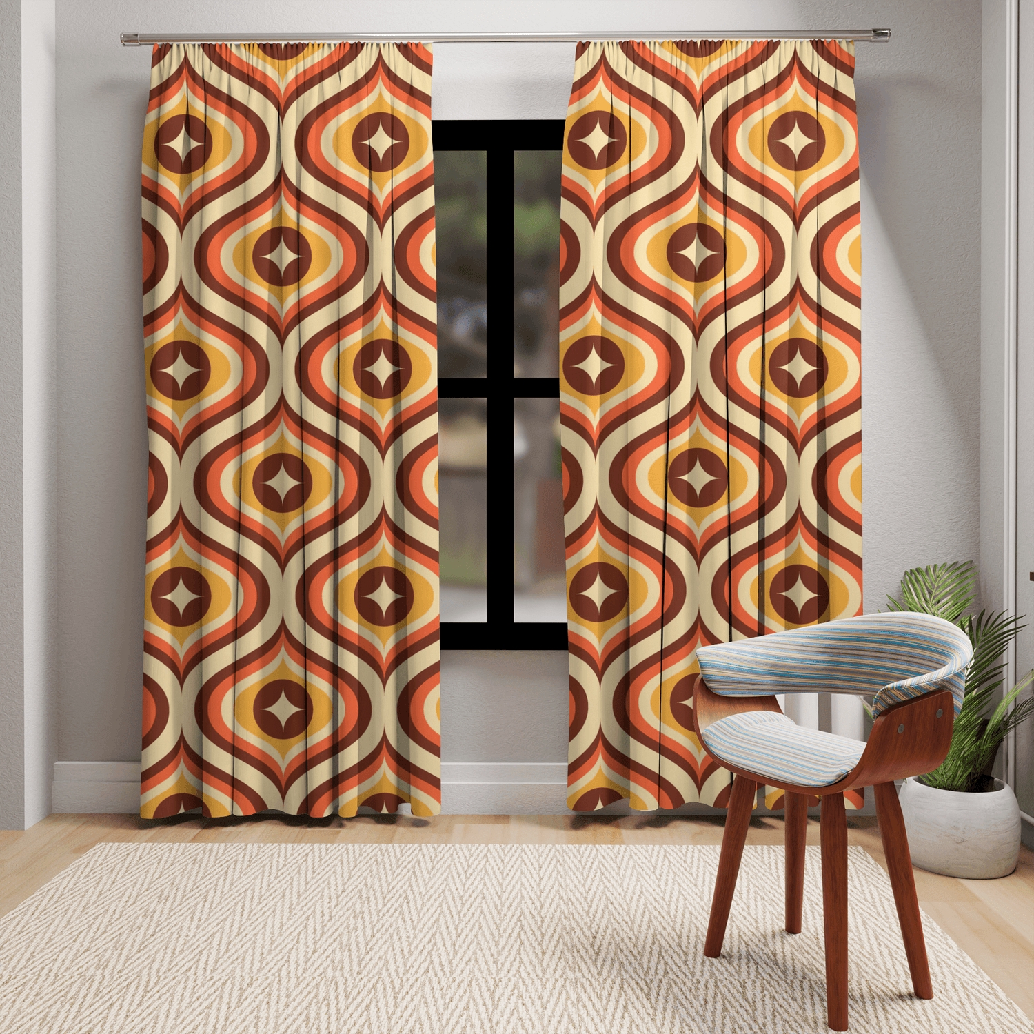 Window Curtains: Atomic Diamond Pattern Retro 70s Drapes