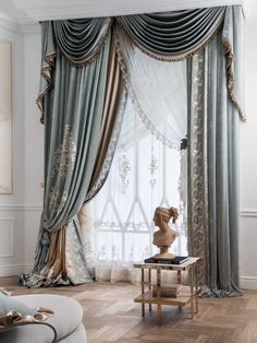 Window Curtains: Blue Scalloped Swags Dusty Velvet