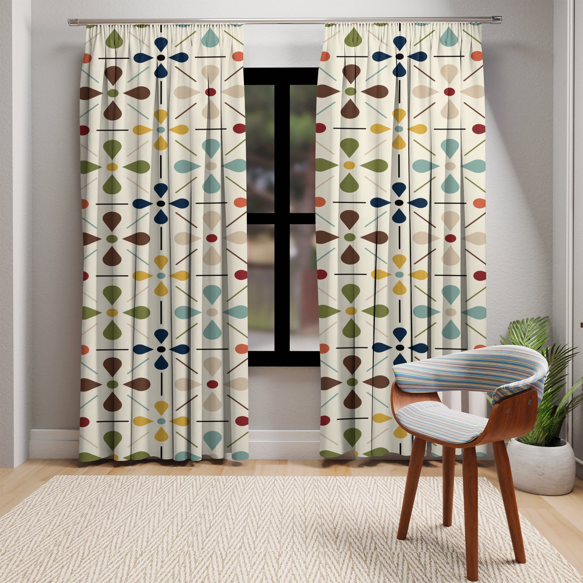 Window Curtains: Geometric Floral Pattern Mustard Olive