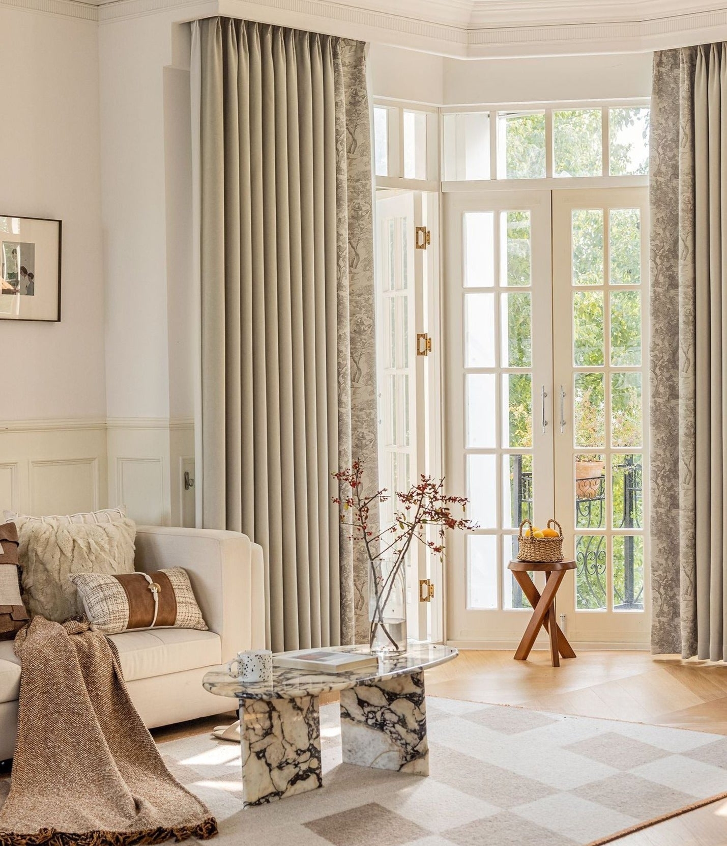 Window Curtains: Gray Patterned Border Marble Decor